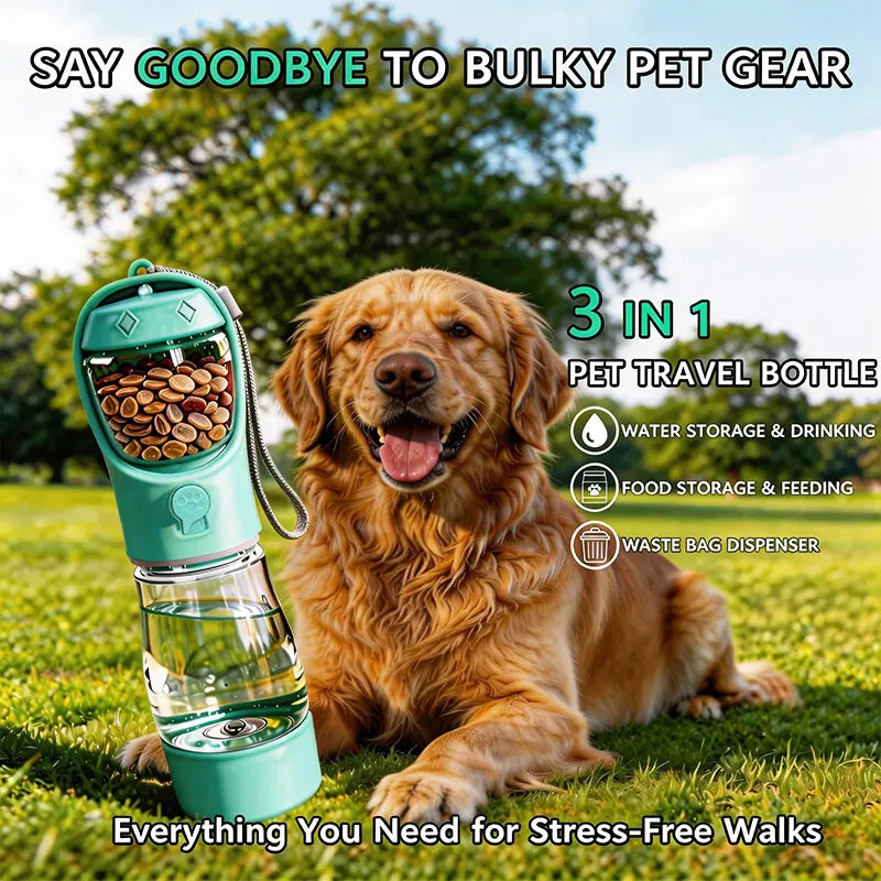 3-in-1 Portable Pet Water Bottle 20 Oz - Leak-Proof Dog Water Container with Poop Bag Dispenser for Travel, Hiking, and Outdoor Activities